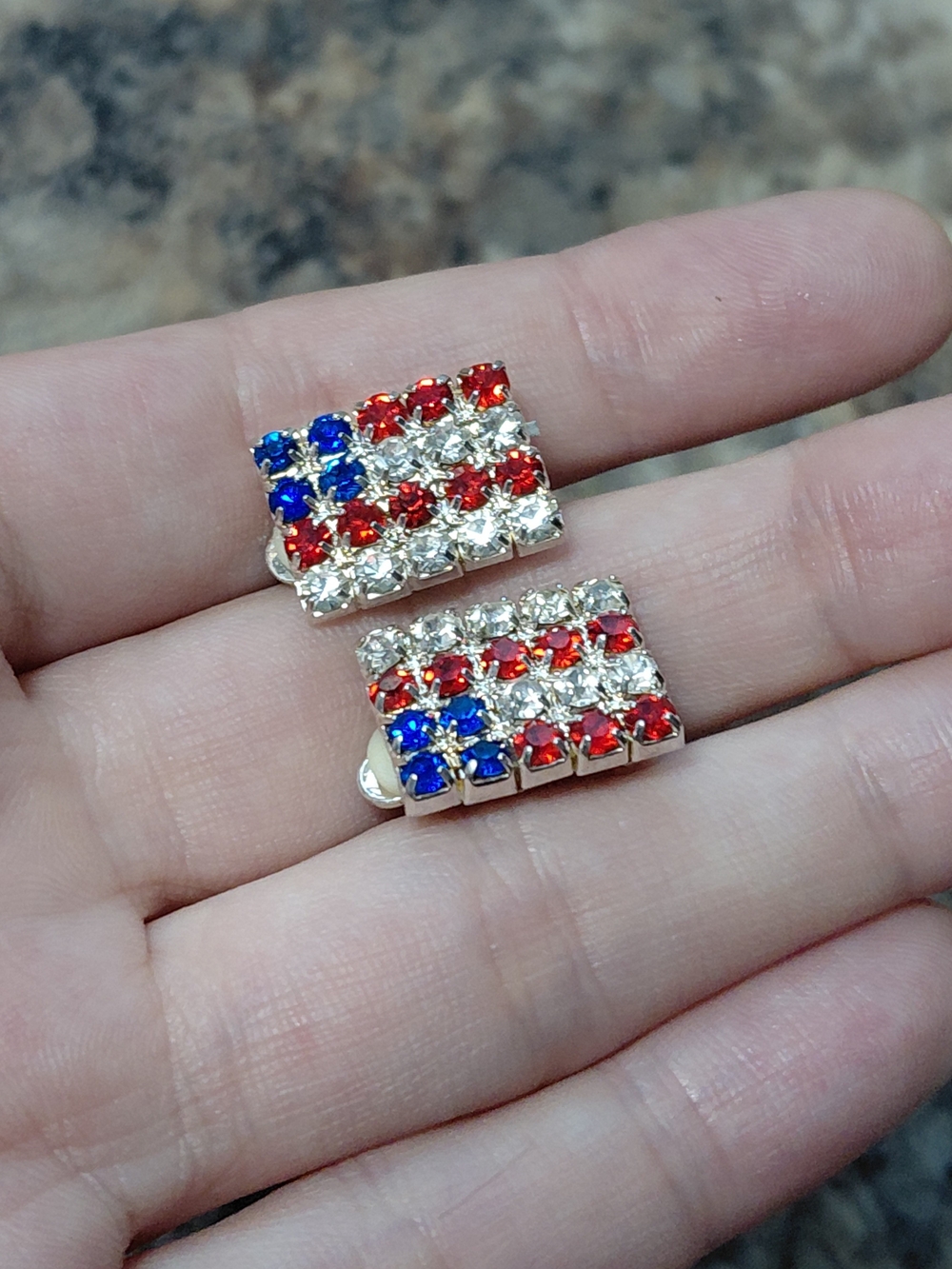 American Flag Rhinestone Red White Blue Vintage Patriotic Clip On Earrings